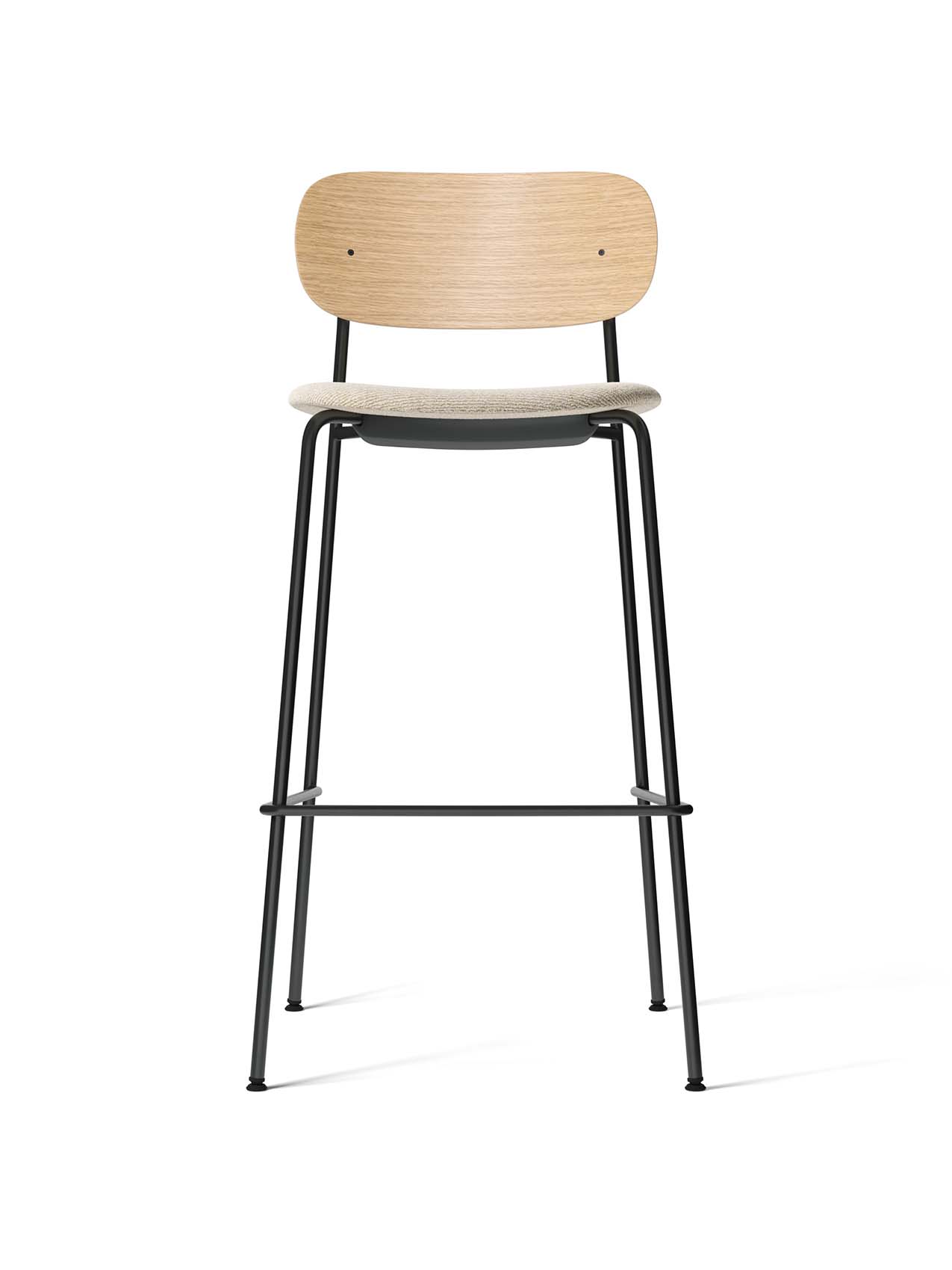 Front view of the Co Bar Chair, Seat Upholstered, with a natural oak backrest, moss fabric seat, and black steel frame.