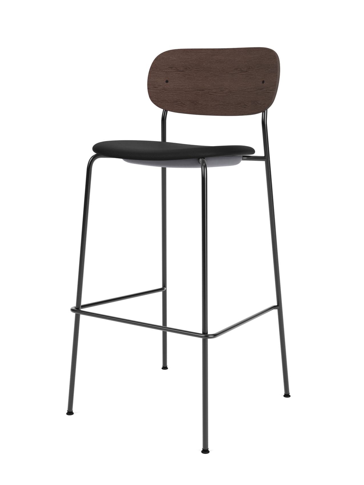 Angle view of the Co Bar Chair, Seat Upholstered, featuring a dark stained oak back, black seat, and black metal frame.
