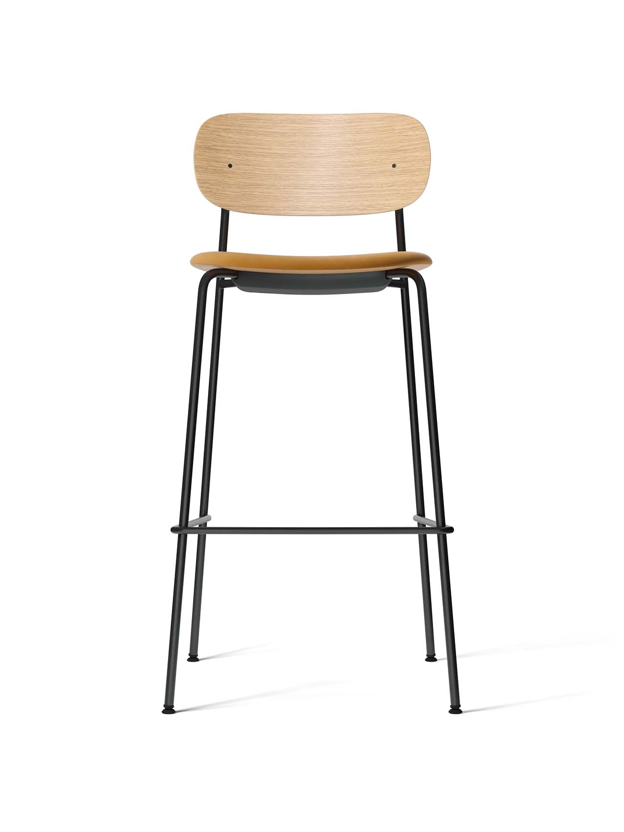 Front view of the Co Bar Chair with a natural oak backrest, a dark upholstered seat, and a slender black tubular steel frame.