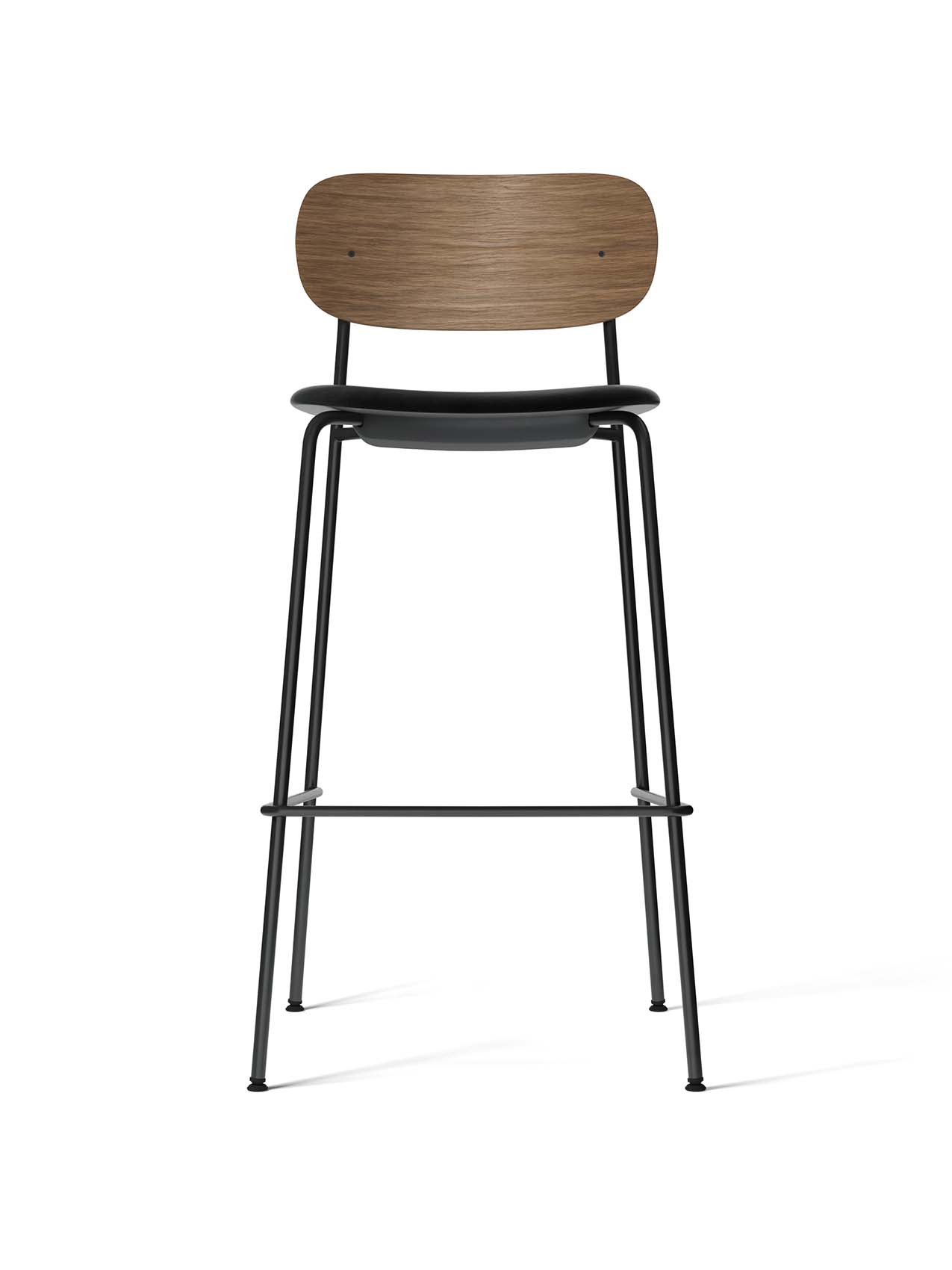 Front view of the Co Bar Chair with a dark stained oak backrest, black upholstered seat, and slender black steel frame.