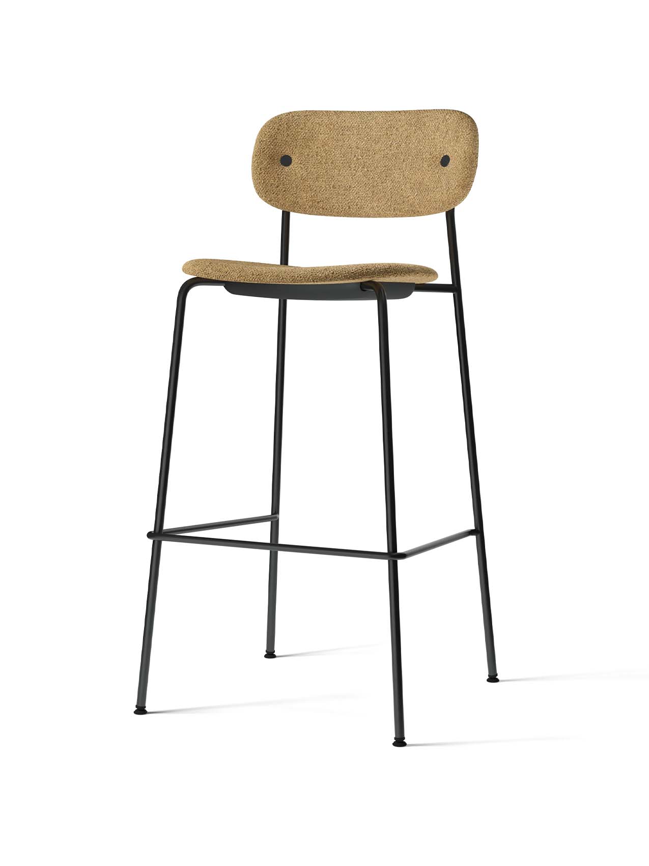 Angled view of the Co Bar Chair, fully upholstered in light brown Audo Bouclé 06 fabric, with a slender black steel frame.