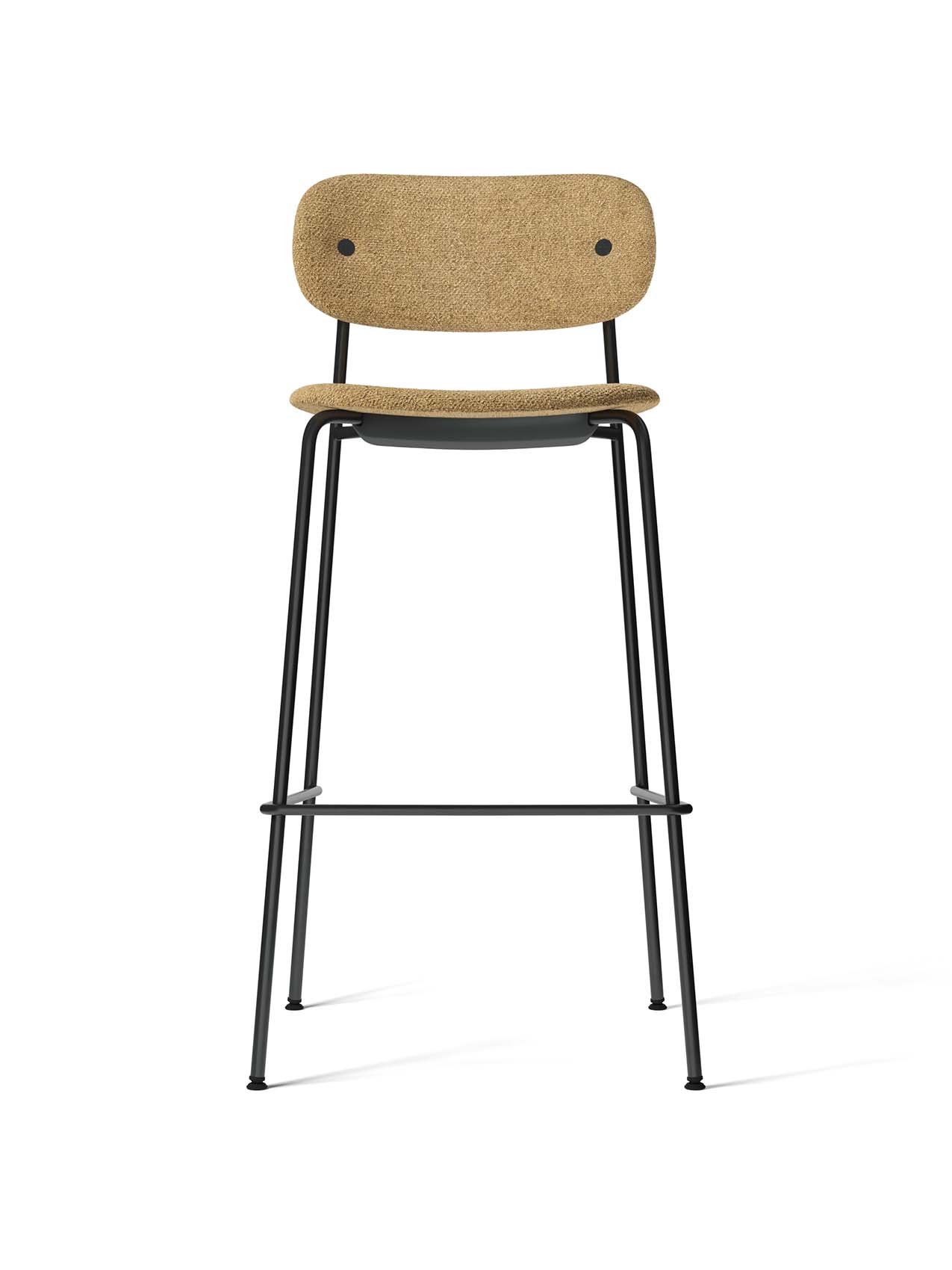 Front view of the Co Bar Chair, Fully Upholstered. It has a black steel frame and light brown Audo Bouclé 06 upholstery.