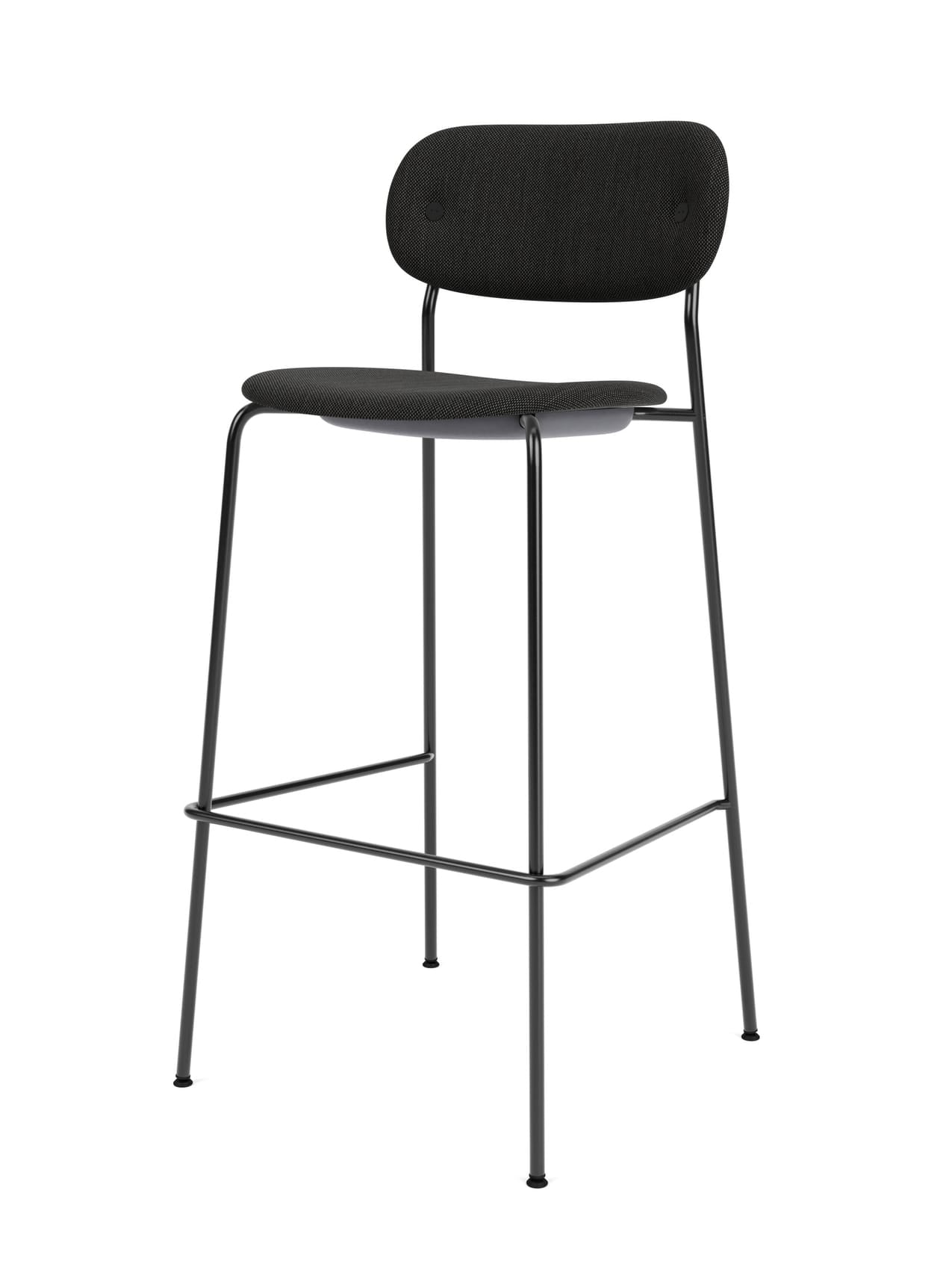 The Co Bar Chair, Fully Upholstered, has a slim black steel frame with a footrest, and dark seat and backrest.