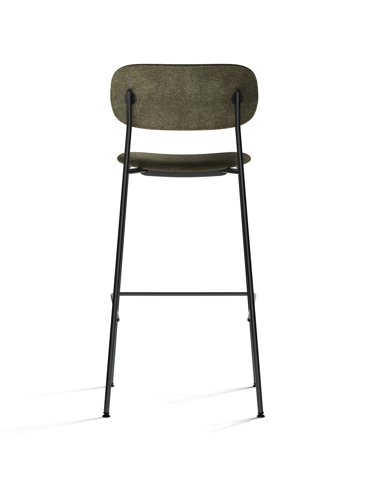 Back view of the Co Bar Chair, Fully Upholstered. It has a slender black steel frame and moss green fabric upholstery.