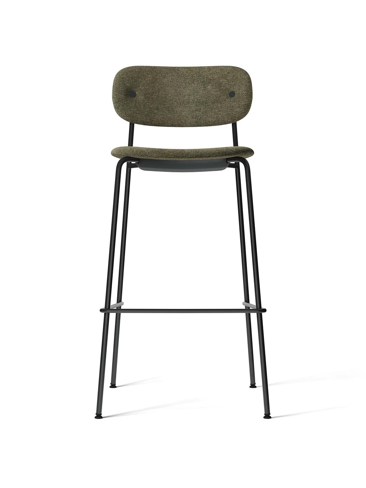 Front view of the Co Bar Chair, fully upholstered in moss green fabric with a slender black powder-coated steel frame.