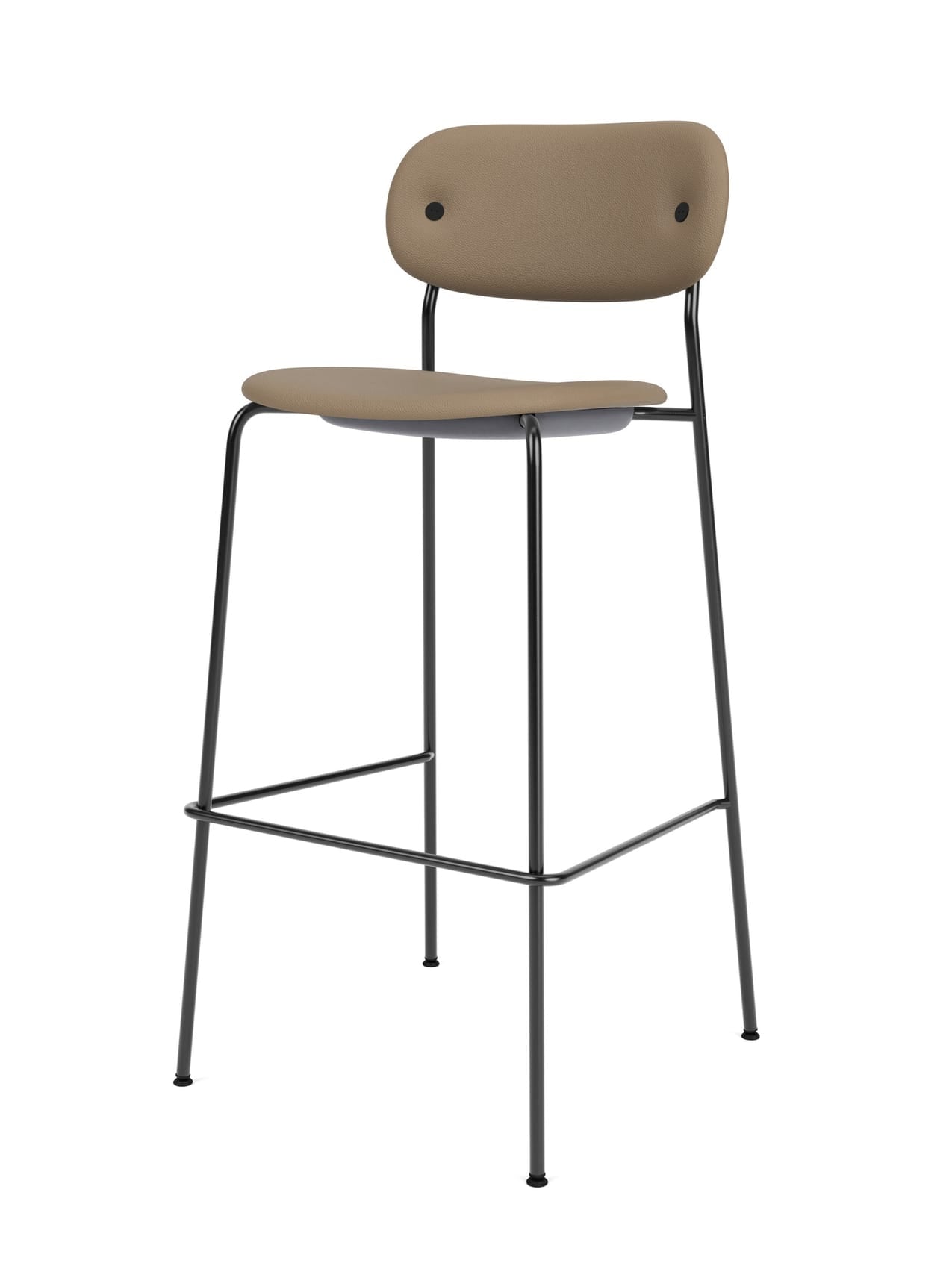 A Co Bar Chair, Fully Upholstered, with a light brown seat and backrest on a slender black metal frame, seen from an angle.