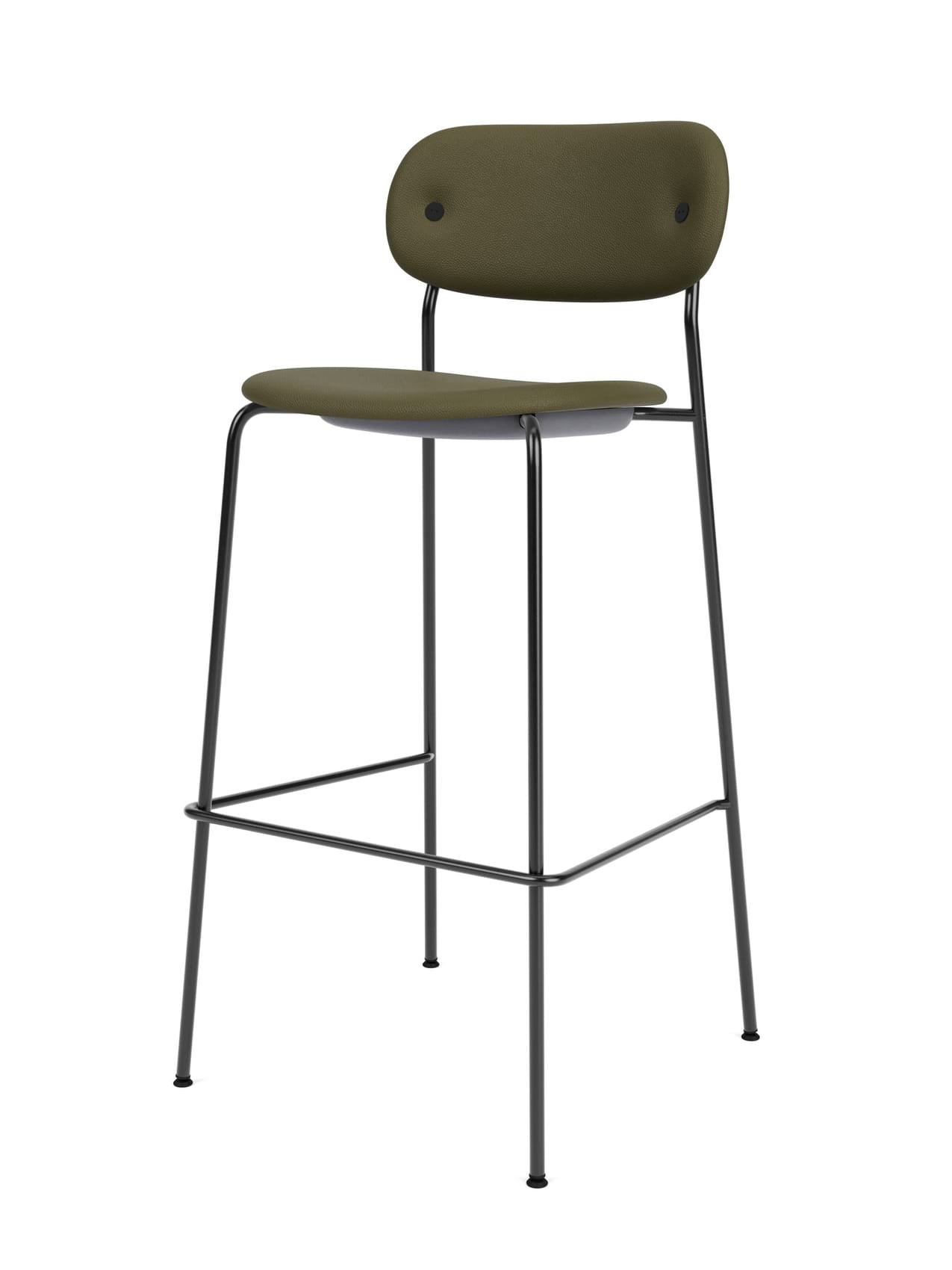 The Co Bar Chair, Fully Upholstered, in moss green fabric with a slender black steel frame, seen from a three-quarter angle.