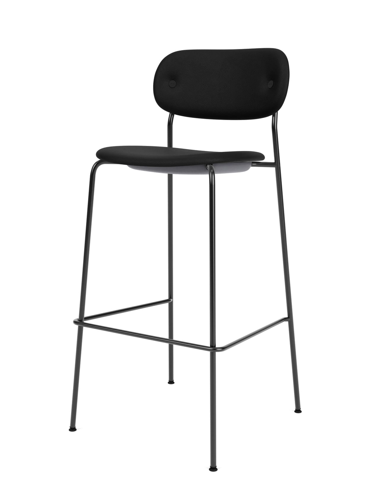 An angled view of the Co Bar Chair, Fully Upholstered, with a black seat and backrest on a slender black steel frame.