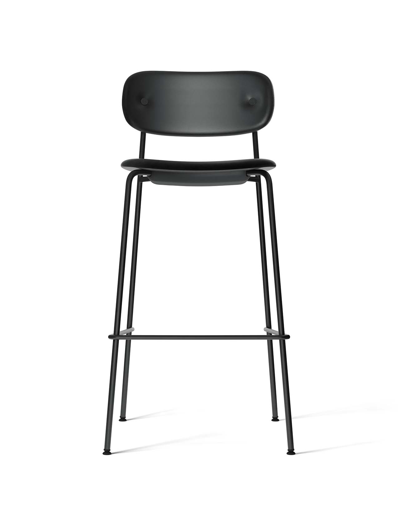 A front-on studio photograph of the Co Bar Chair, Fully Upholstered, showing its black steel frame and dark upholstery.