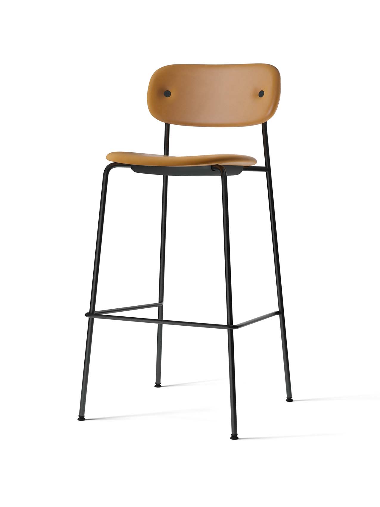 Co Bar Chair, Fully Upholstered, viewed from an angle, with a tan Dakar leather seat and back on a slender black steel frame.