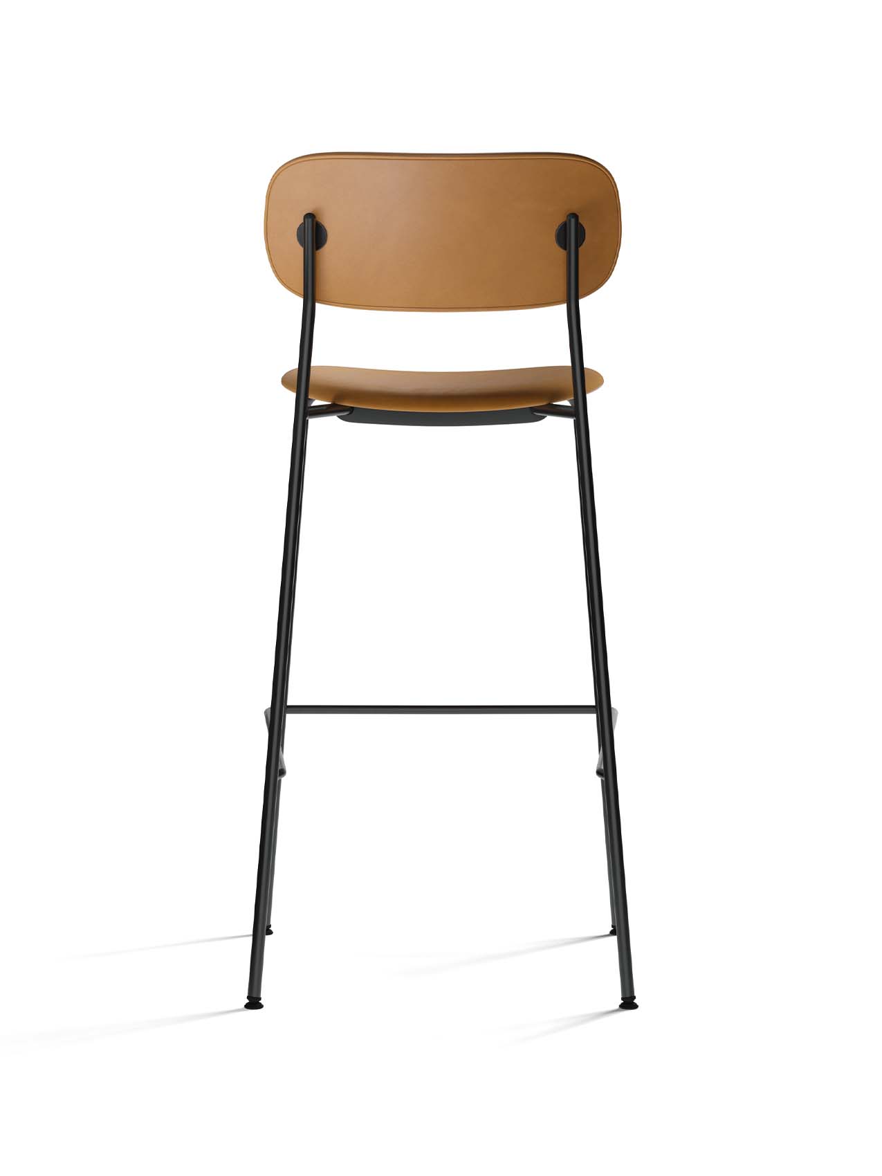 Back view of the Co Bar Chair, Fully Upholstered, showing its tan leather seat and backrest on a slender black steel frame.