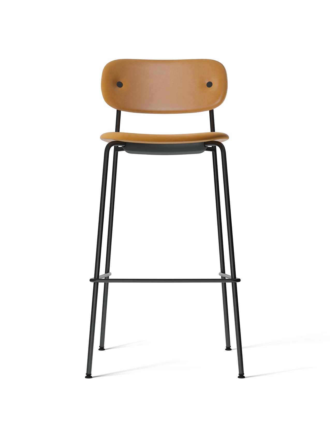 A front-on studio shot of the Co Bar Chair, upholstered in tan Dakar leather with a slender, black powder-coated steel frame.