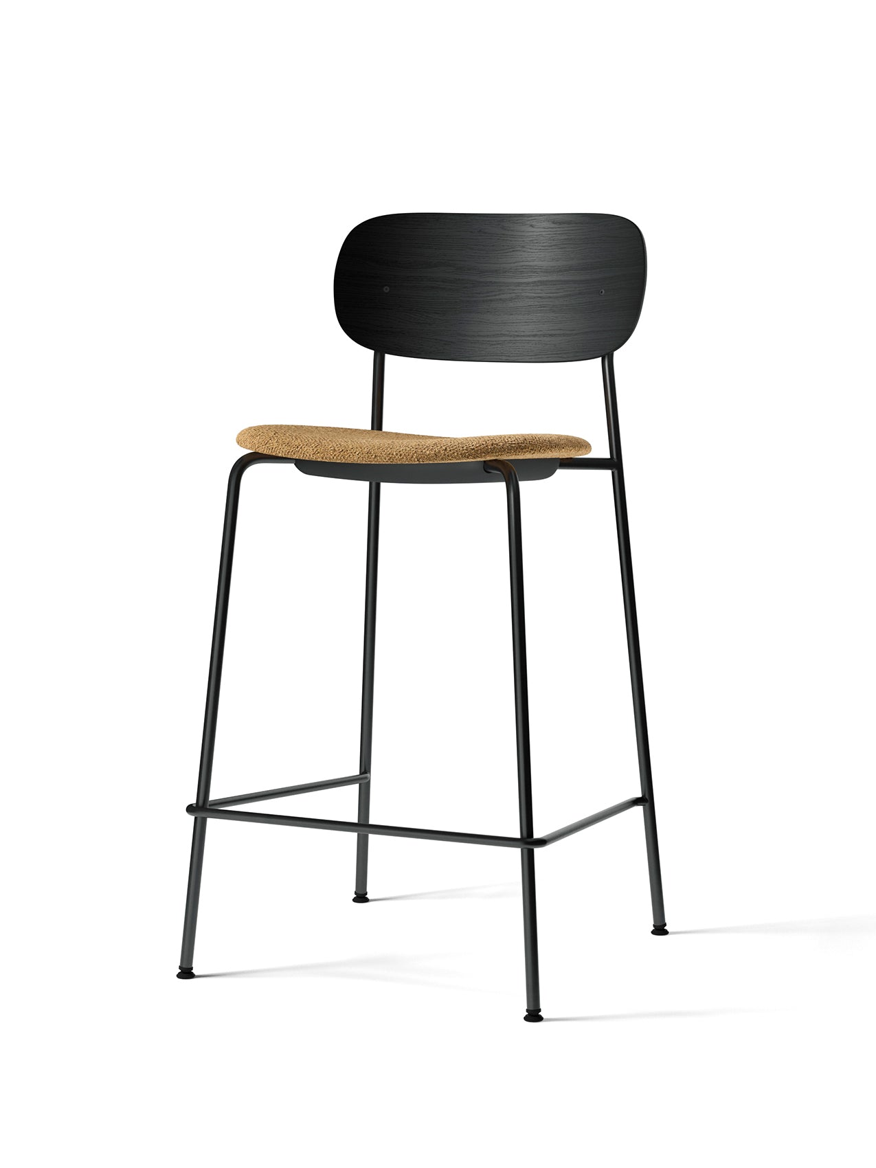 Co Counter Chair, Seat Upholstered, with a black oak backrest, brown bouclé seat, and slender black steel frame.