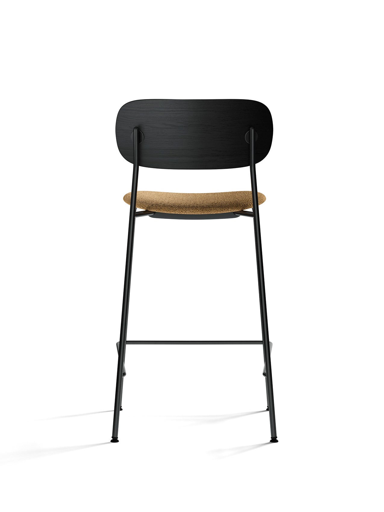 Back view of the Co Counter Chair, Seat Upholstered, with a black oak backrest, black steel frame and beige bouclé seat.