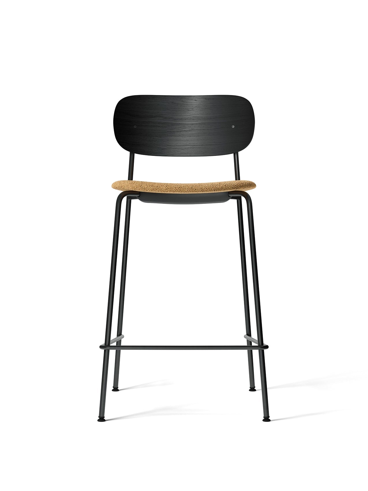 A Co Counter Chair with a black steel frame, a curved black oak backrest, and a seat upholstered in beige bouclé fabric.