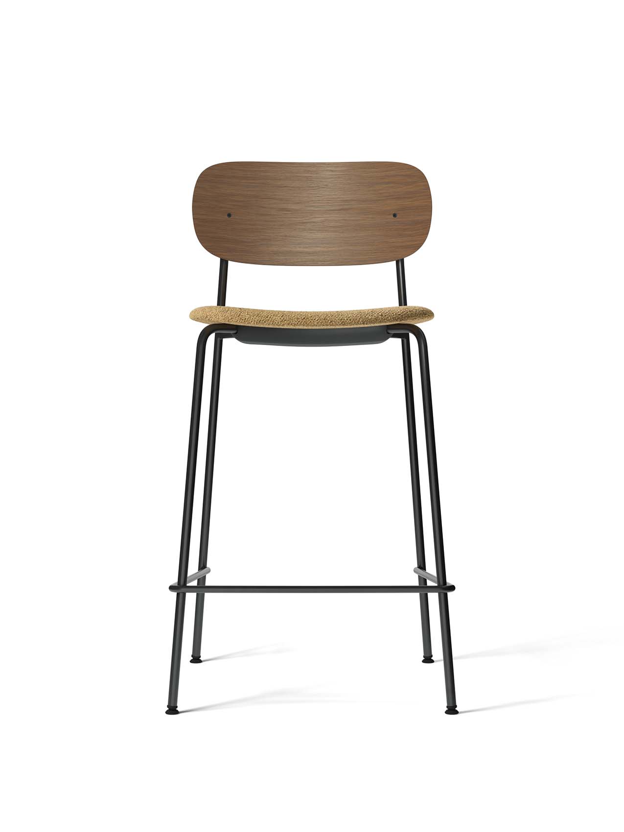 A front view of the Co Counter Chair with a dark stained oak backrest, beige bouclé upholstered seat, and black steel legs.