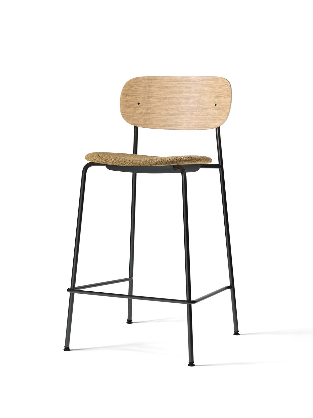 Co Counter Chair with a natural oak backrest, a seat upholstered in Audo Bouclé 06, and a black steel frame.