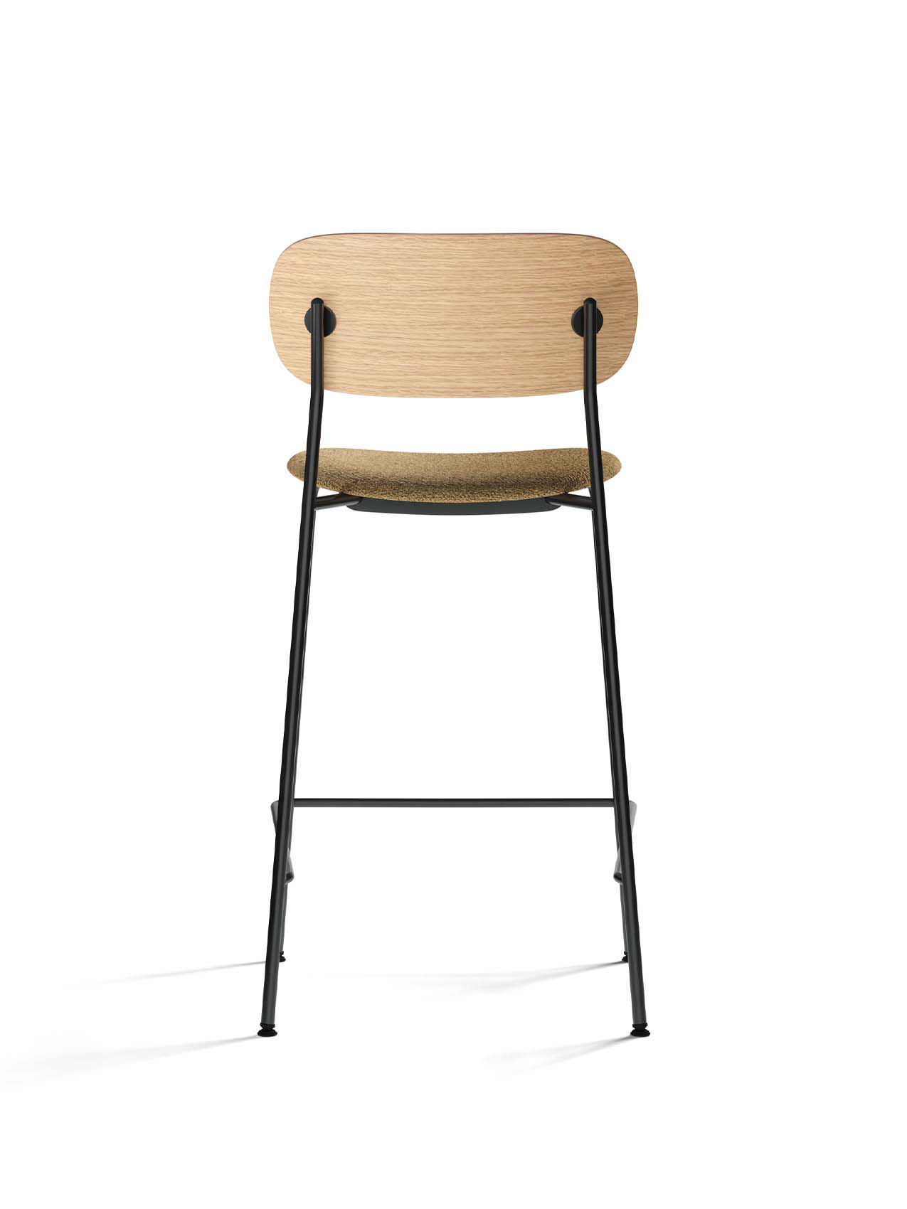 Back view of the Co Counter Chair, Seat Upholstered, showing its natural oak backrest, beige bouclé seat, and black legs.