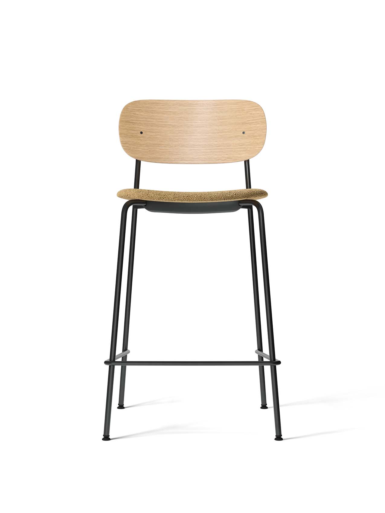 Front view of the Co Counter Chair, Seat Upholstered with a natural oak backrest, beige bouclé seat and black steel frame.