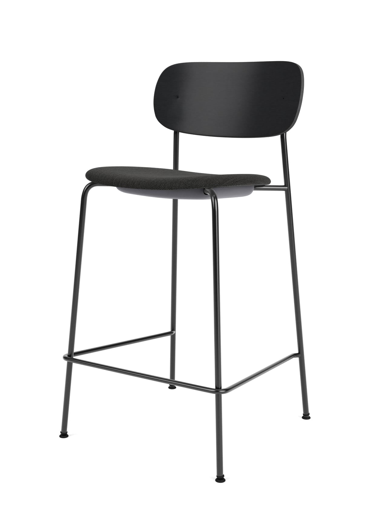 A Co Counter Chair with a black upholstered seat and a black oak backrest, set on a slender black powder-coated steel frame.
