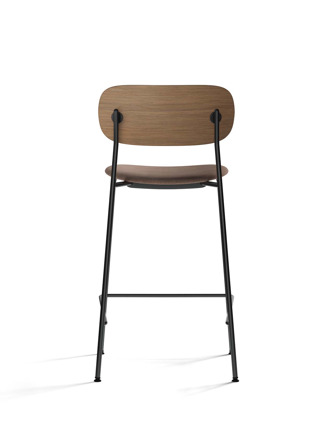 Back view of the Co Counter Chair with a dark stained oak backrest, upholstered seat, and slender black steel frame.