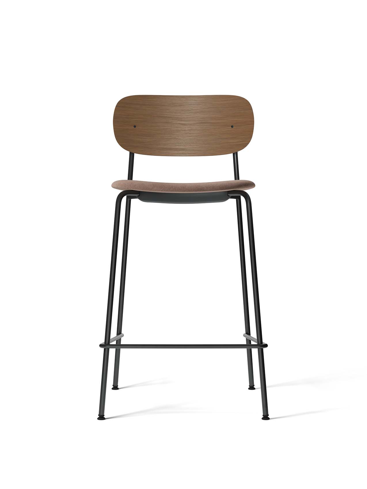 A front-on view of the Co Counter Chair, showing its dark stained oak backrest, brown upholstered seat and black steel frame.
