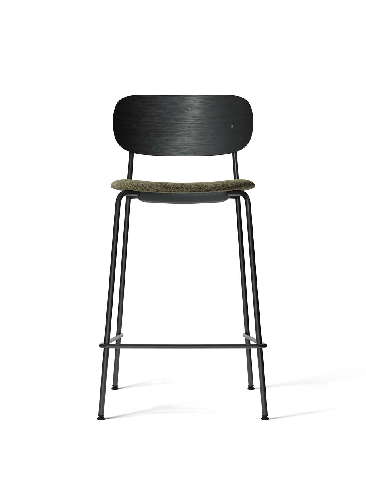 Front view of the Co Counter Chair with a black oak backrest, moss green upholstered seat, and slender black steel frame.