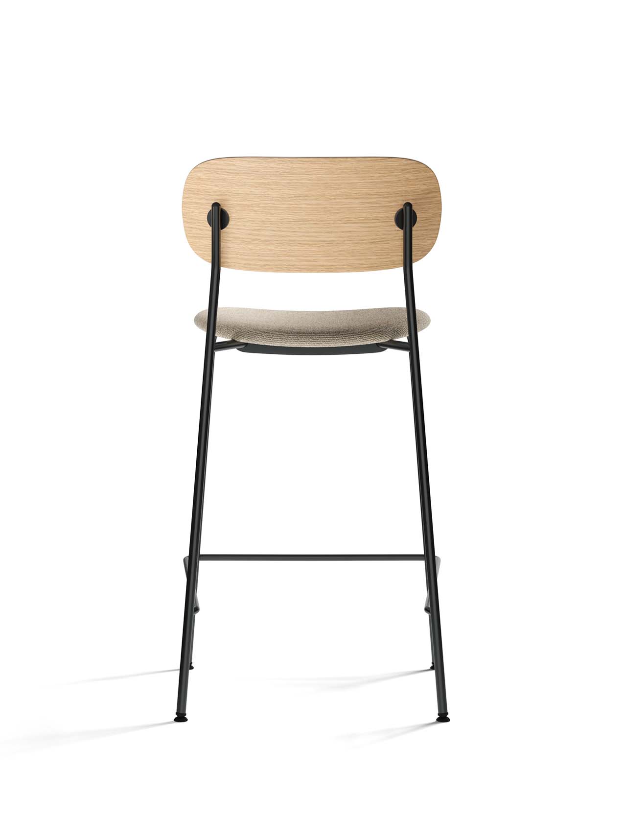 Back view of the Co Counter Chair with a natural oak backrest, upholstered seat, and slender black steel frame.