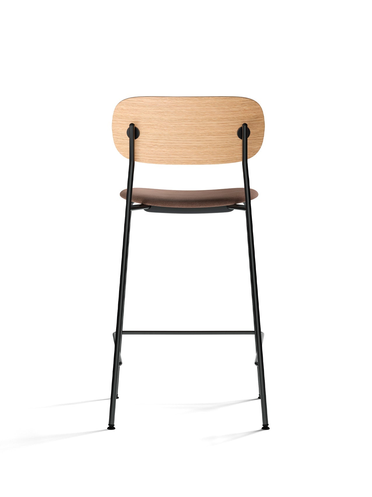 Rear view of the Co Counter Chair, Seat Upholstered, with natural oak backrest, light brown seat, and black steel frame.