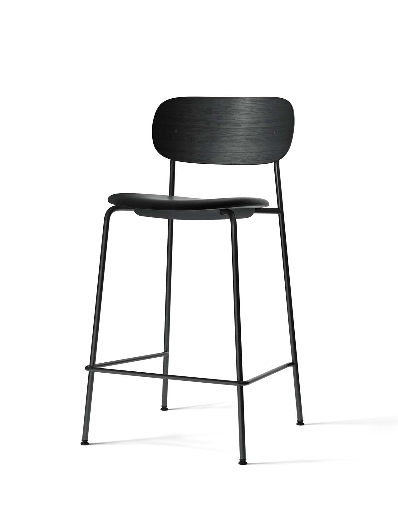 Co Counter Chair, Seat Upholstered, with a black oak backrest, black seat, and slender black steel frame.