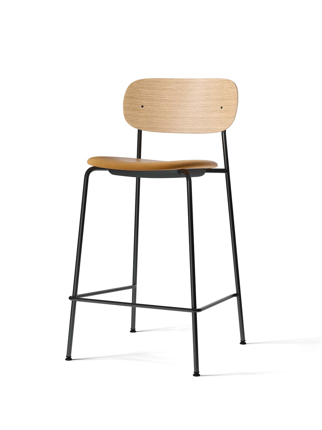 The Co Counter Chair, Seat Upholstered, in natural oak with a tan leather seat and a slender black steel frame.