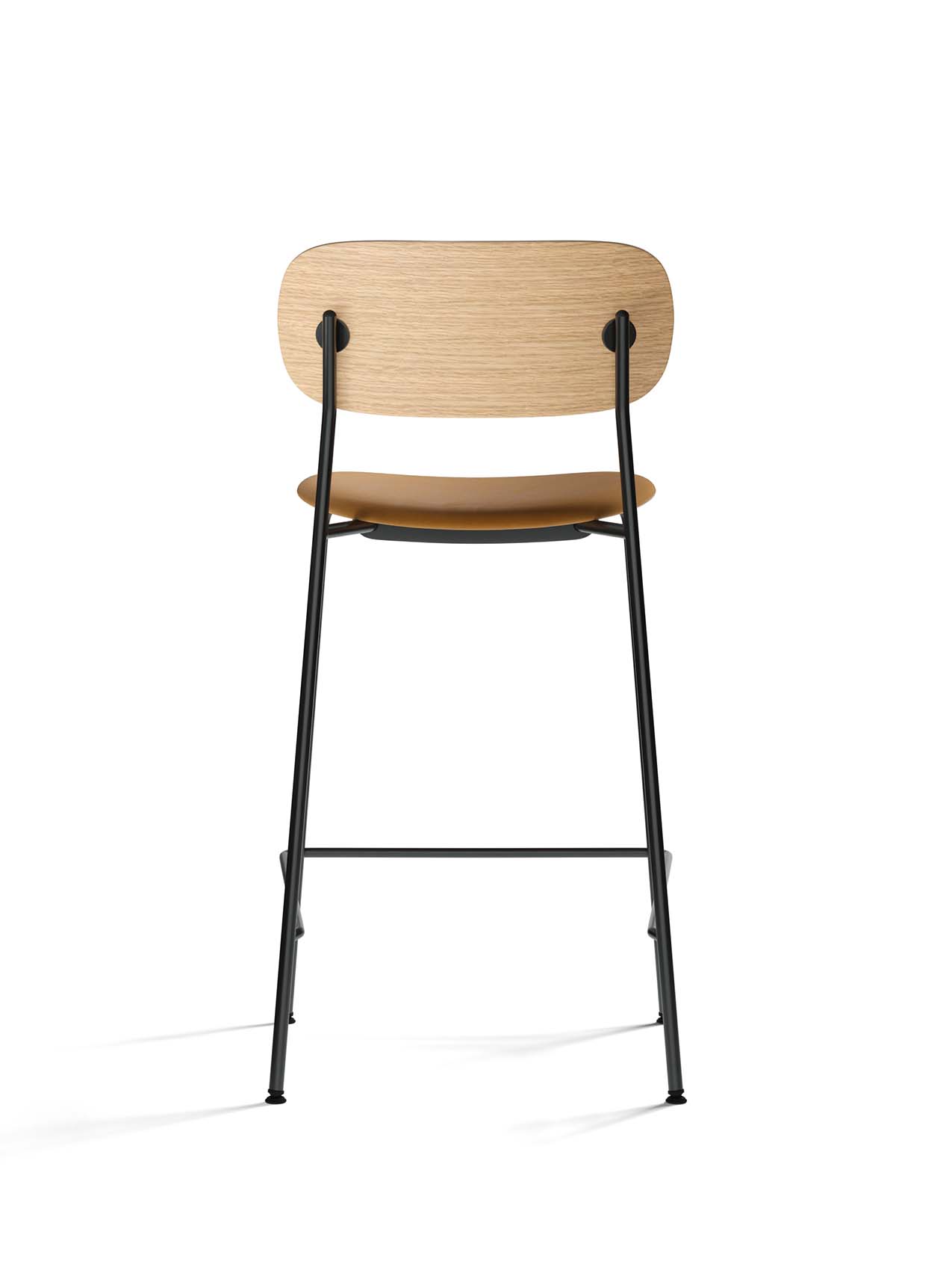 Back view of the Co Counter Chair with a natural oak backrest, a tan upholstered seat, and a slender black steel frame.