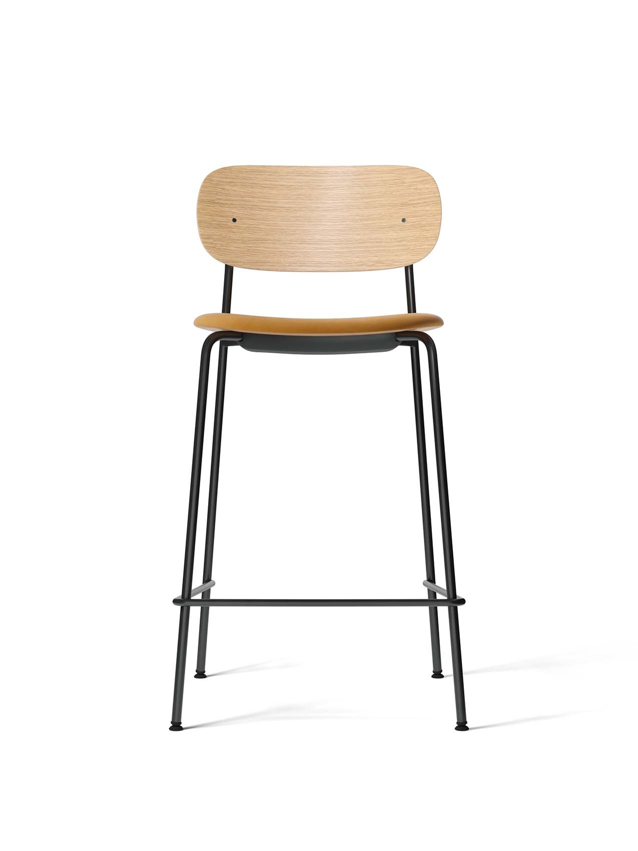Front view of the Co Counter Chair with a natural oak backrest, tan upholstered seat, and a slender black steel frame.