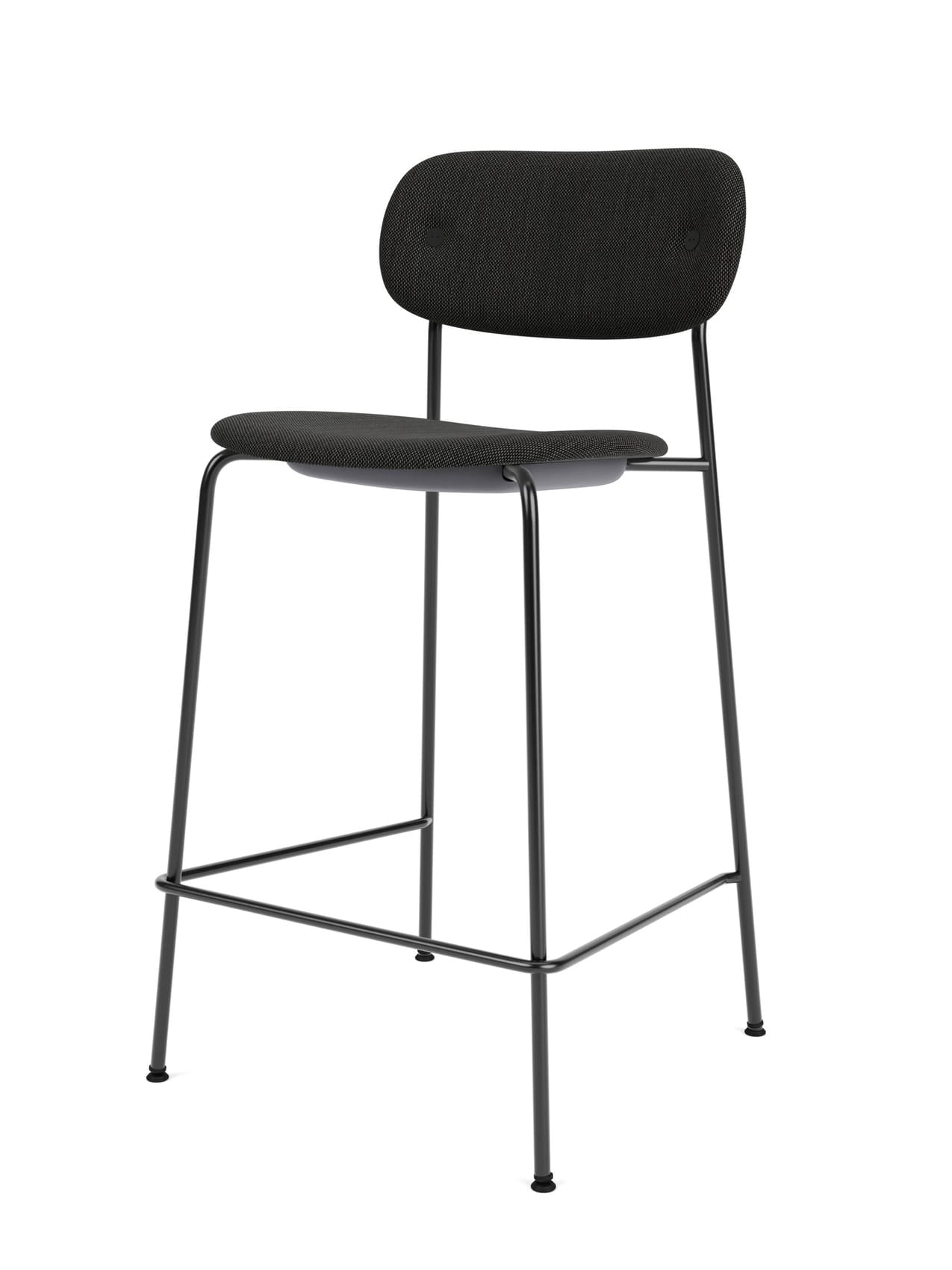 A black Co Counter Chair, Fully Upholstered, with a textured seat and backrest on a thin black metal frame with a footrest.