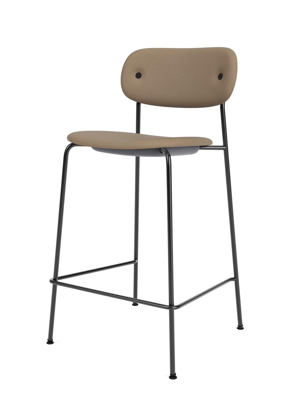 Angled view of the Co Counter Chair, Fully Upholstered, with light brown seat and back on a slender black frame.