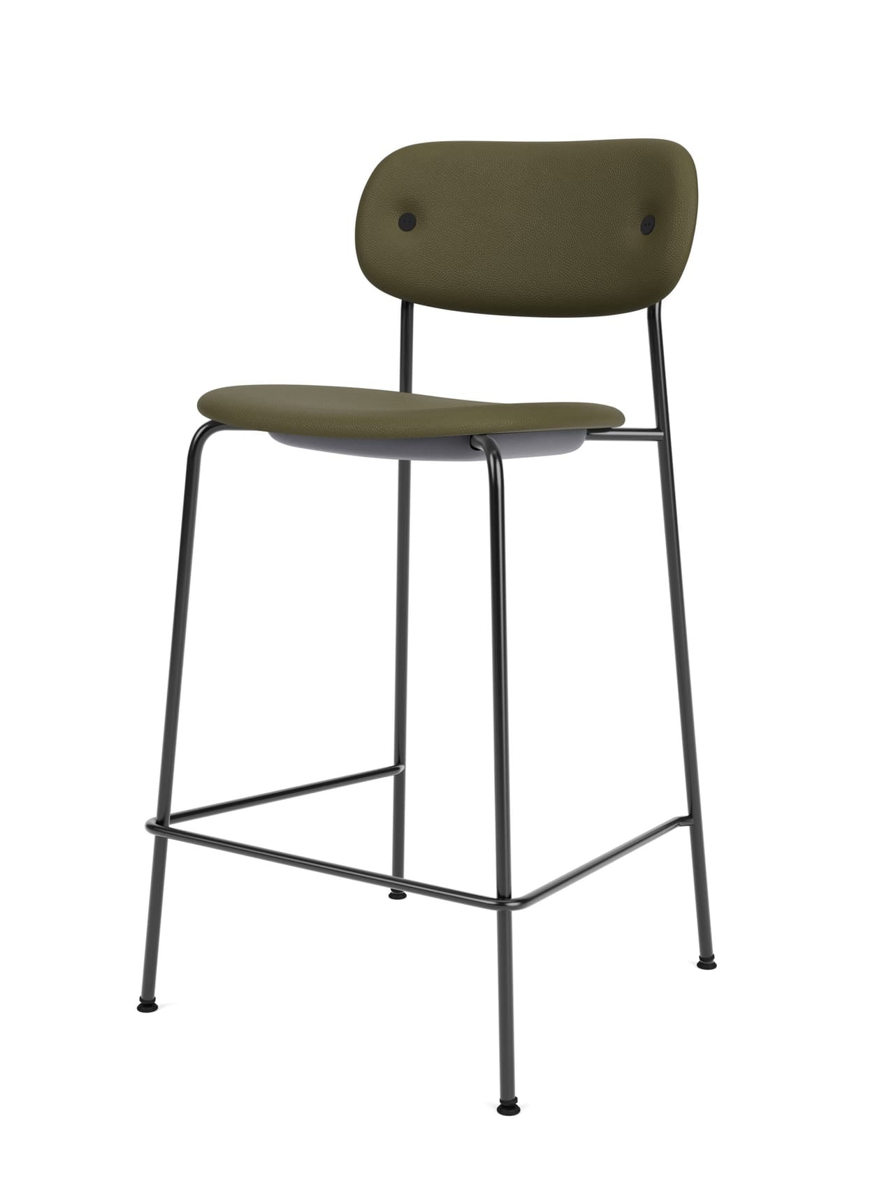Co Counter Chair, Fully Upholstered, in olive green fabric with a slim black steel frame, viewed from an angle.