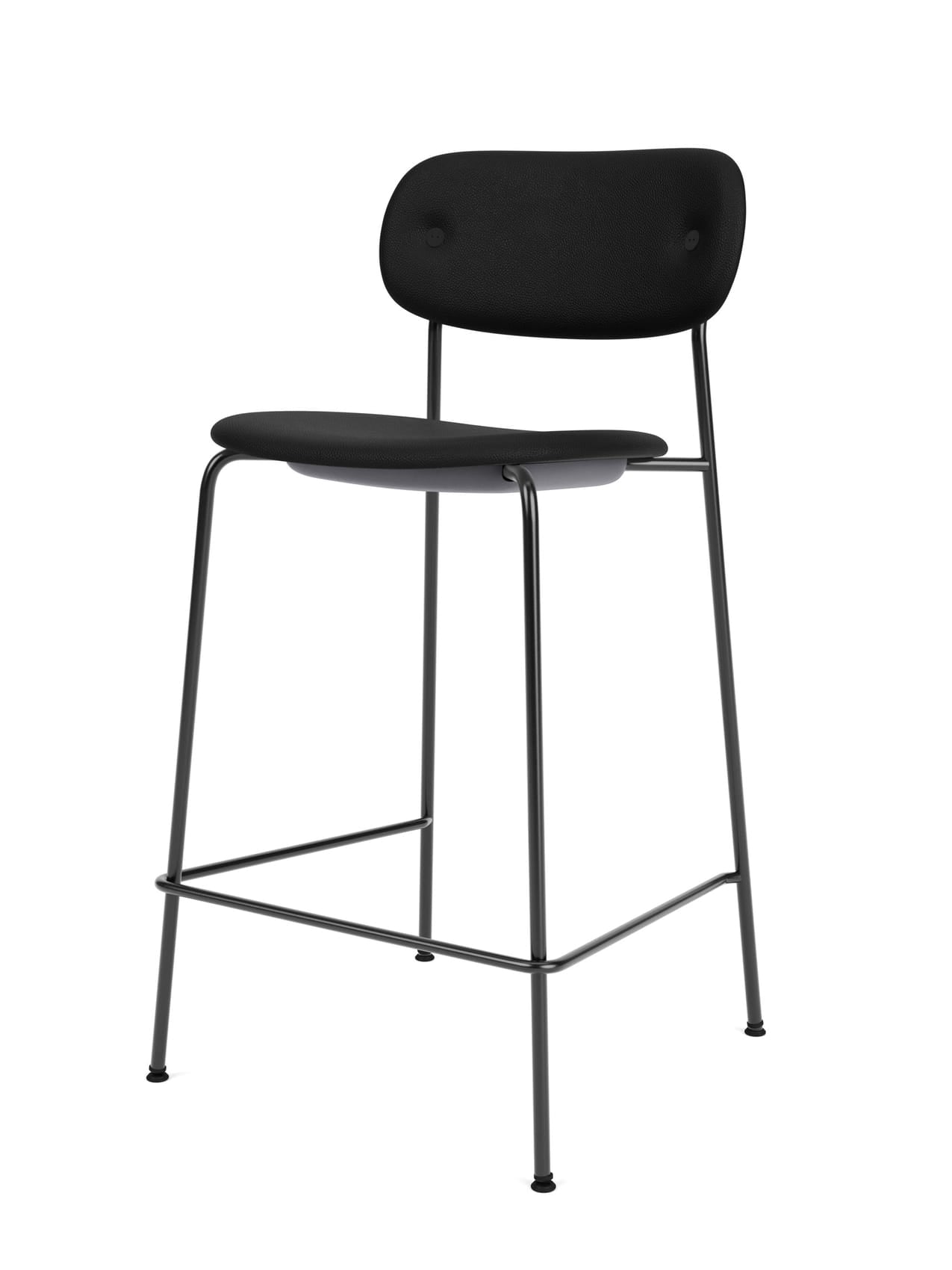 A fully upholstered Co Counter Chair in black fabric with a black powder-coated steel frame, shown at an angle.