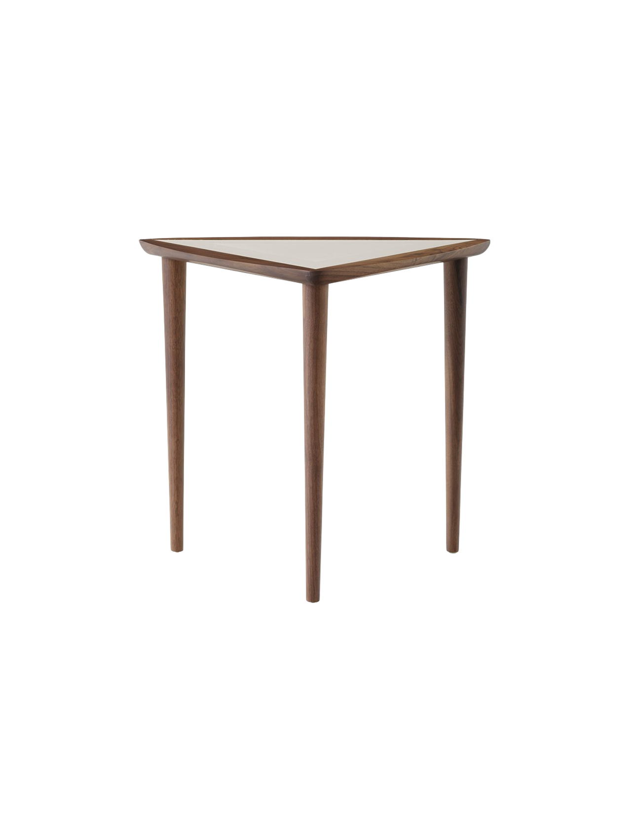 The Umanoff Nesting Side Table in Walnut and Fog, seen from the front. It has a triangular top and three slender walnut legs.