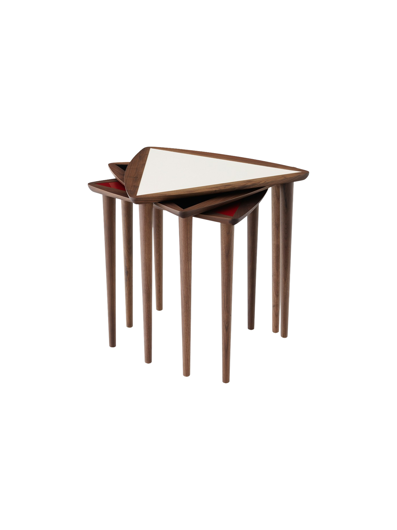 Umanoff Nesting Side Table in Walnut and Fog, a set of three tables stacked together on a black background.