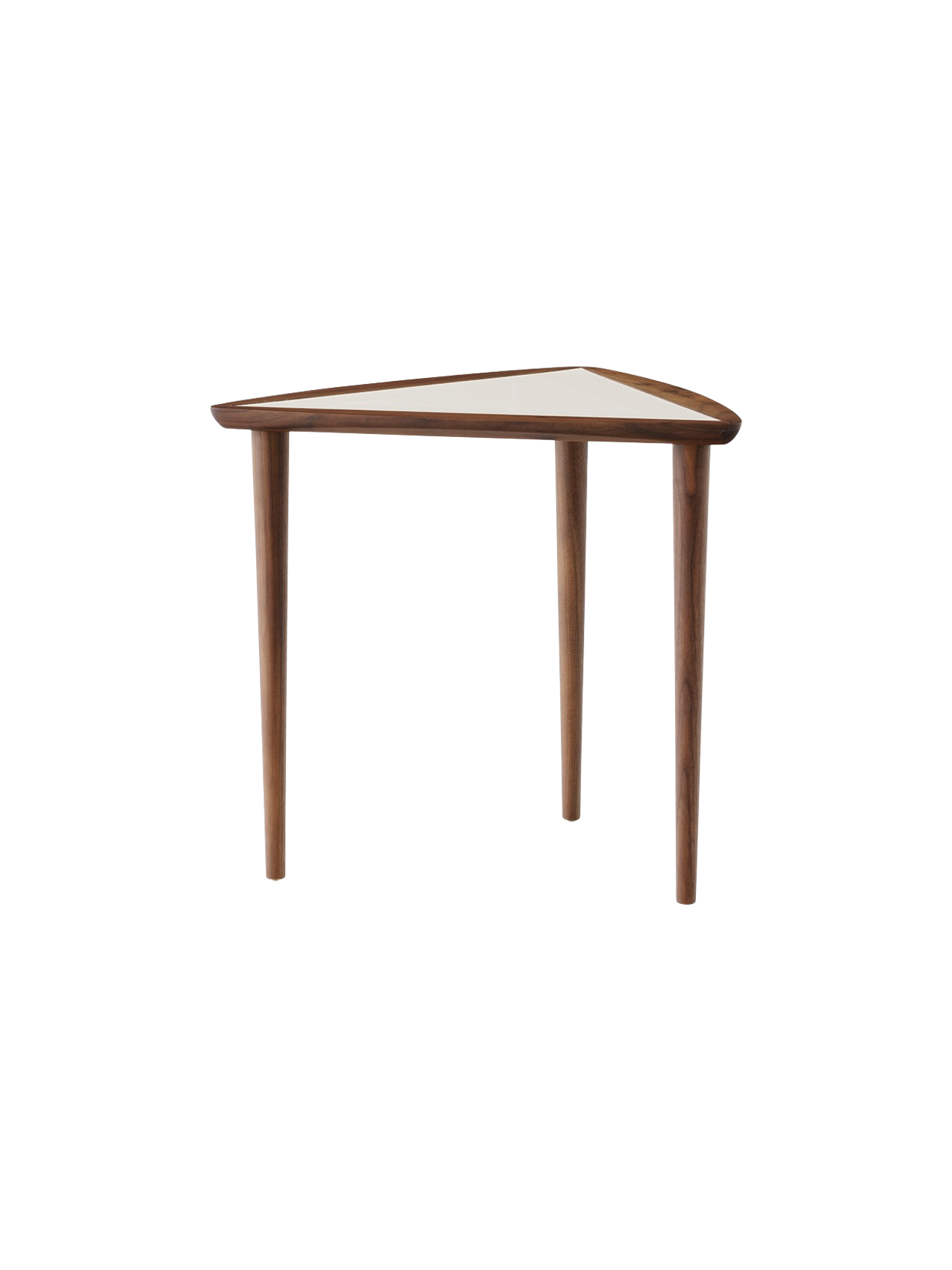 Angled view of the Umanoff Nesting Side Table with a triangular walnut frame, light grey Fog laminate top, and three legs.