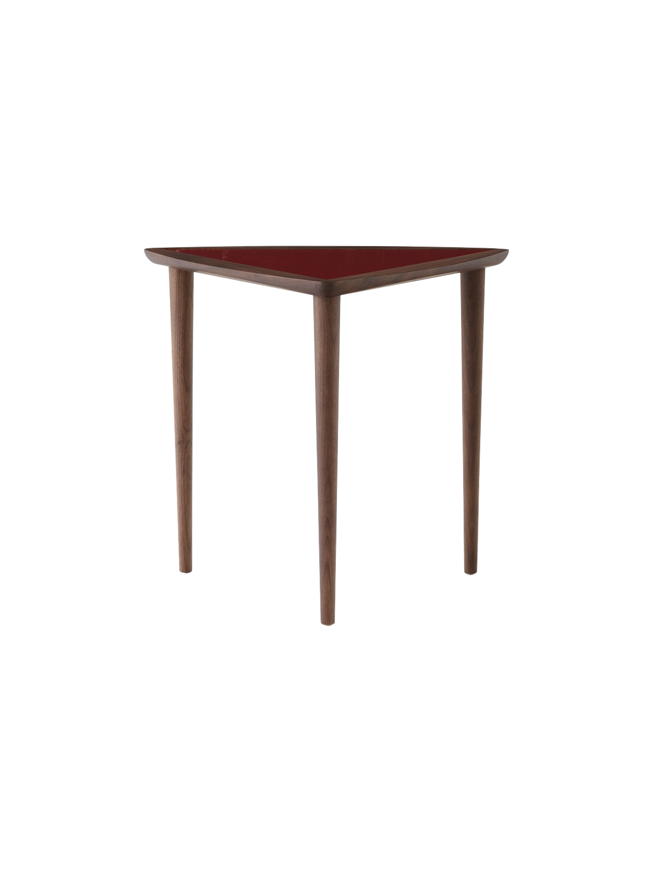 A front view of the triangular Umanoff Nesting Side Table, featuring a walnut frame, three tapered legs, and a burgundy top.