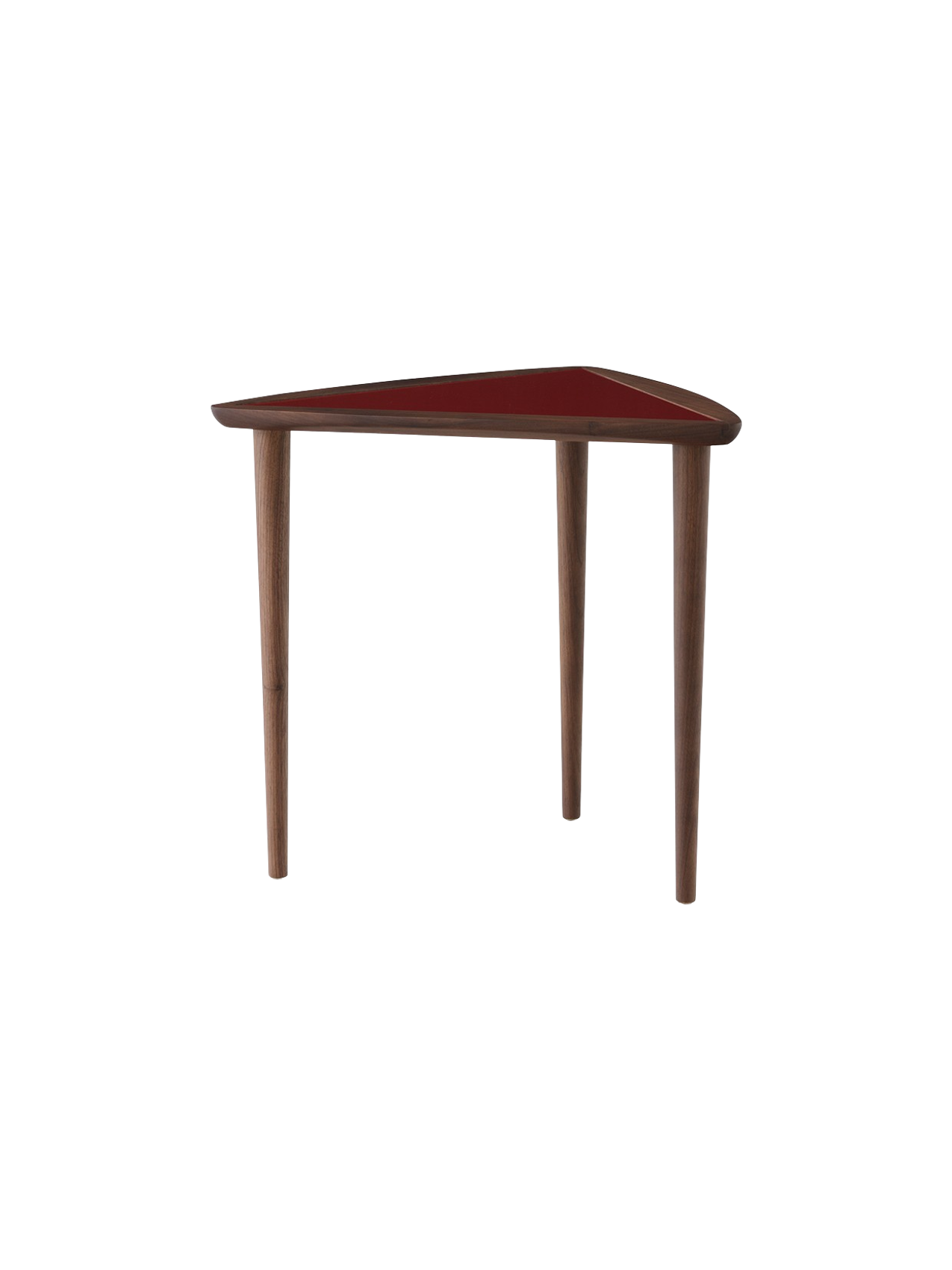 The Umanoff Nesting Side Table with a walnut frame, three legs, and a triangular burgundy top on a black background.