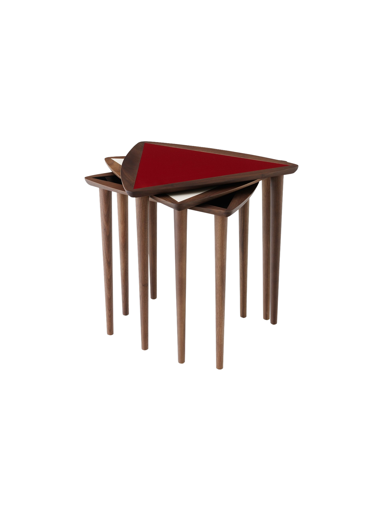 A set of three Umanoff Nesting Side Tables with walnut frames, stacked together. The top table has a triangular burgundy top.