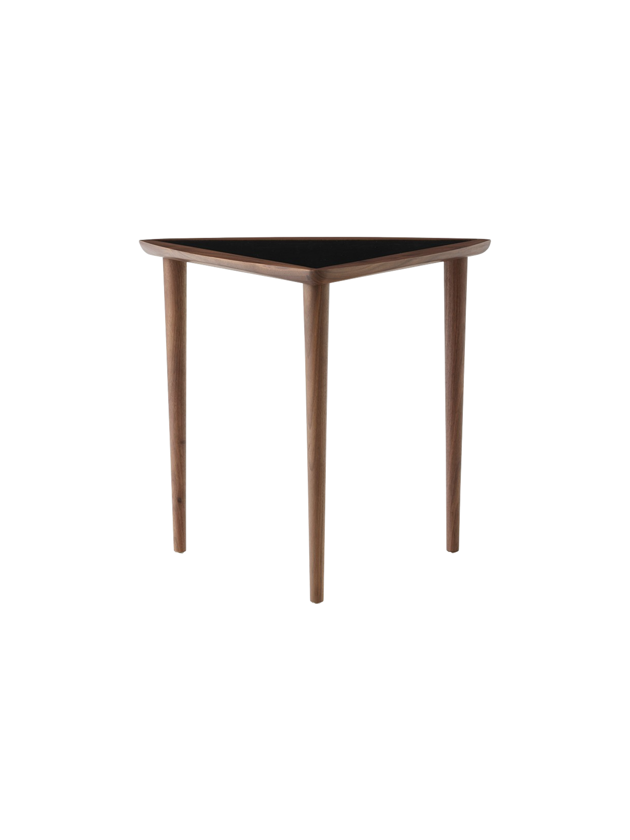 A single Umanoff Nesting Side Table with a triangular black top and a walnut frame with three slender, tapered legs.