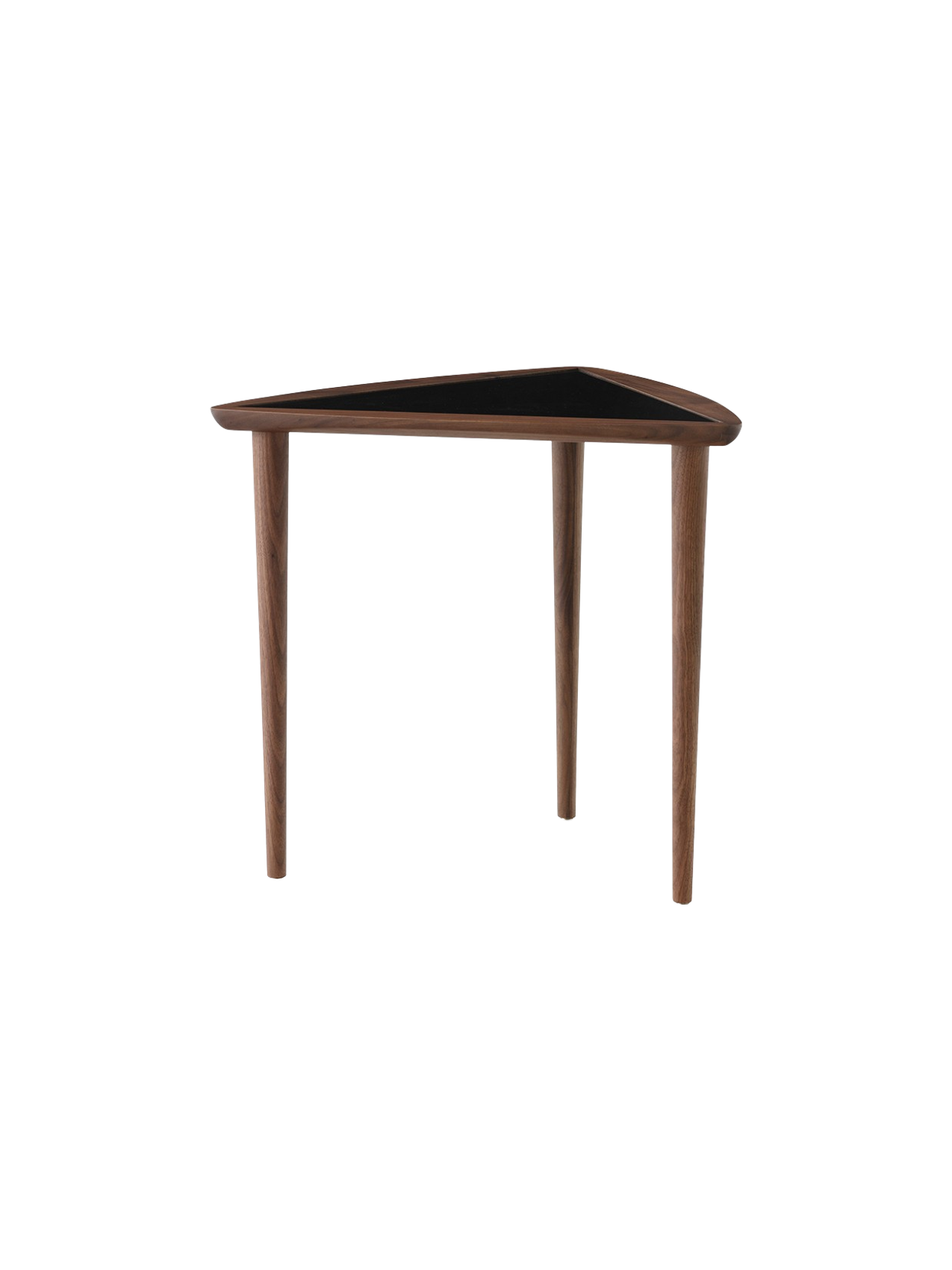 The Umanoff Nesting Side Table in walnut with a black triangular laminate top, viewed from an angle on a plain background.