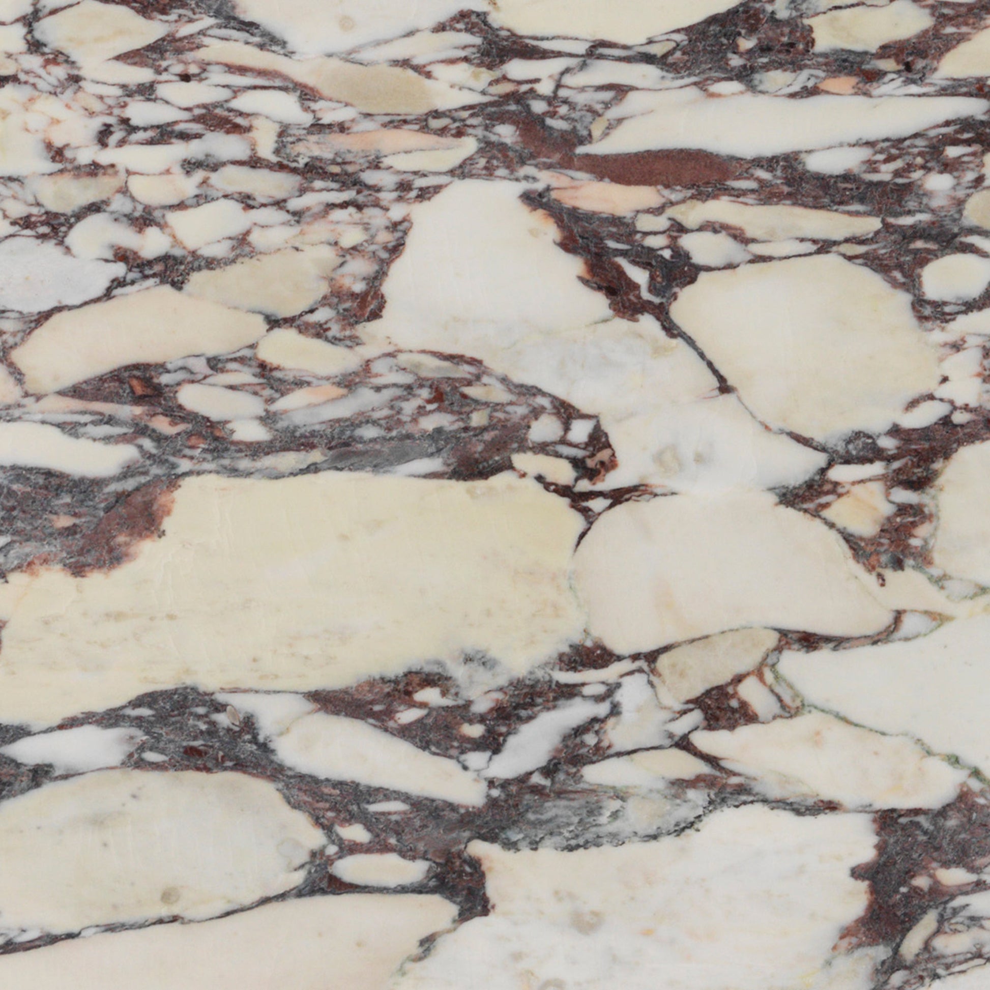 Close-up texture of Calacatta Viola Marble, with bold, fragmented veins of deep burgundy and grey on a creamy-white stone.