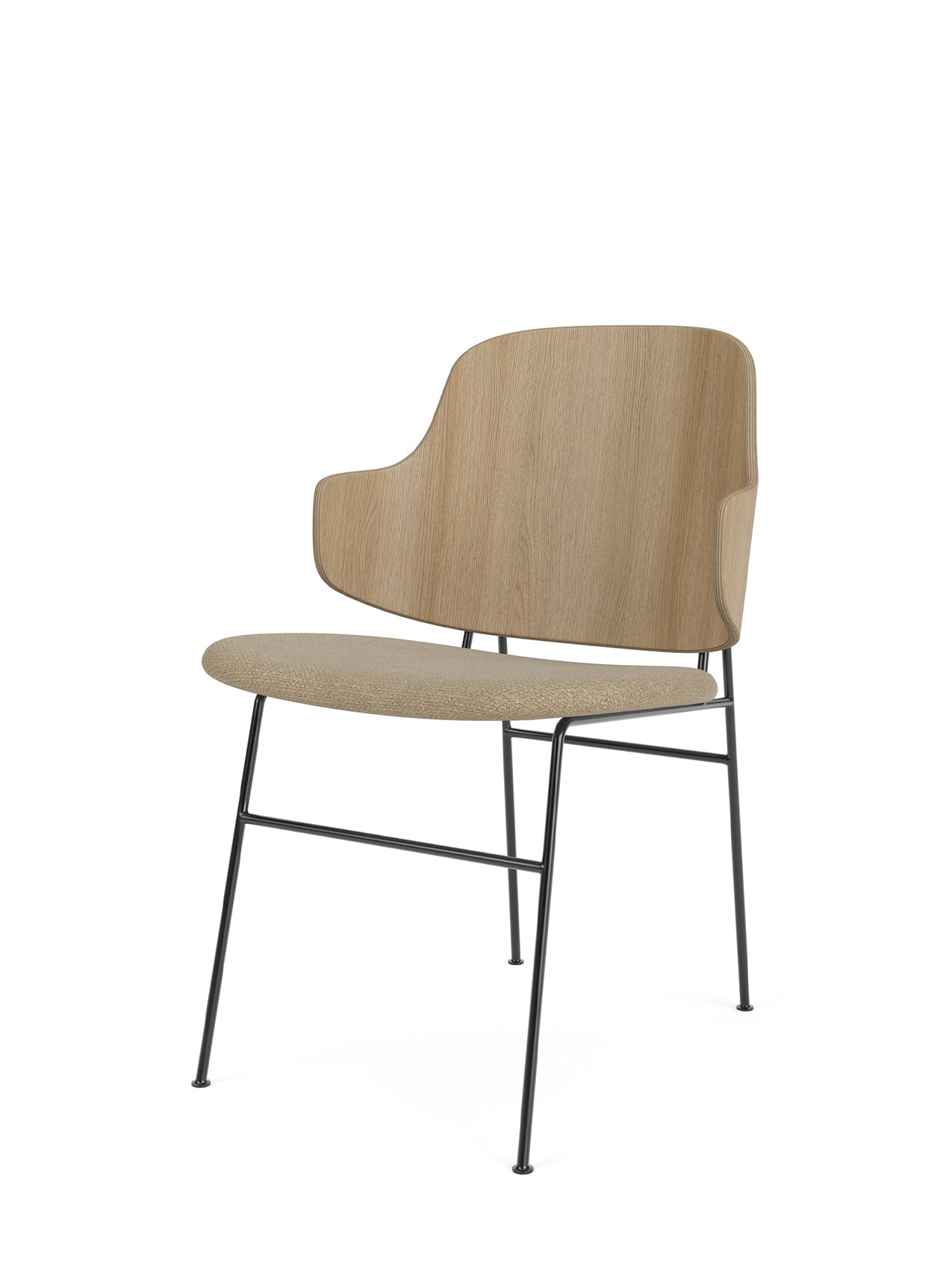 The Penguin Dining Chair shown at an angle, with a light oak back, beige upholstered seat, and a slender black steel frame.