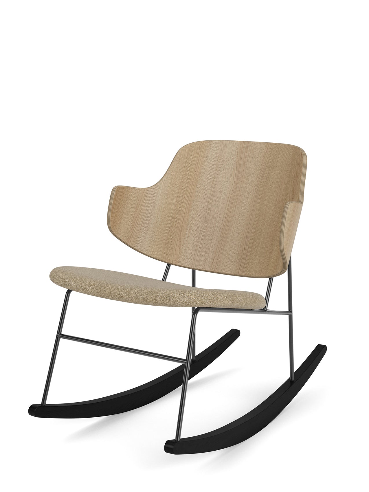 The Penguin Rocking Chair with a light oak back, beige upholstered seat, thin black metal frame and black rockers.