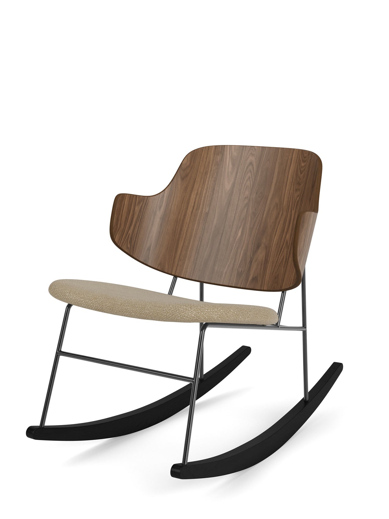 The Penguin Rocking Chair with a walnut veneer back, beige upholstered seat, and black metal frame with black wooden rockers.