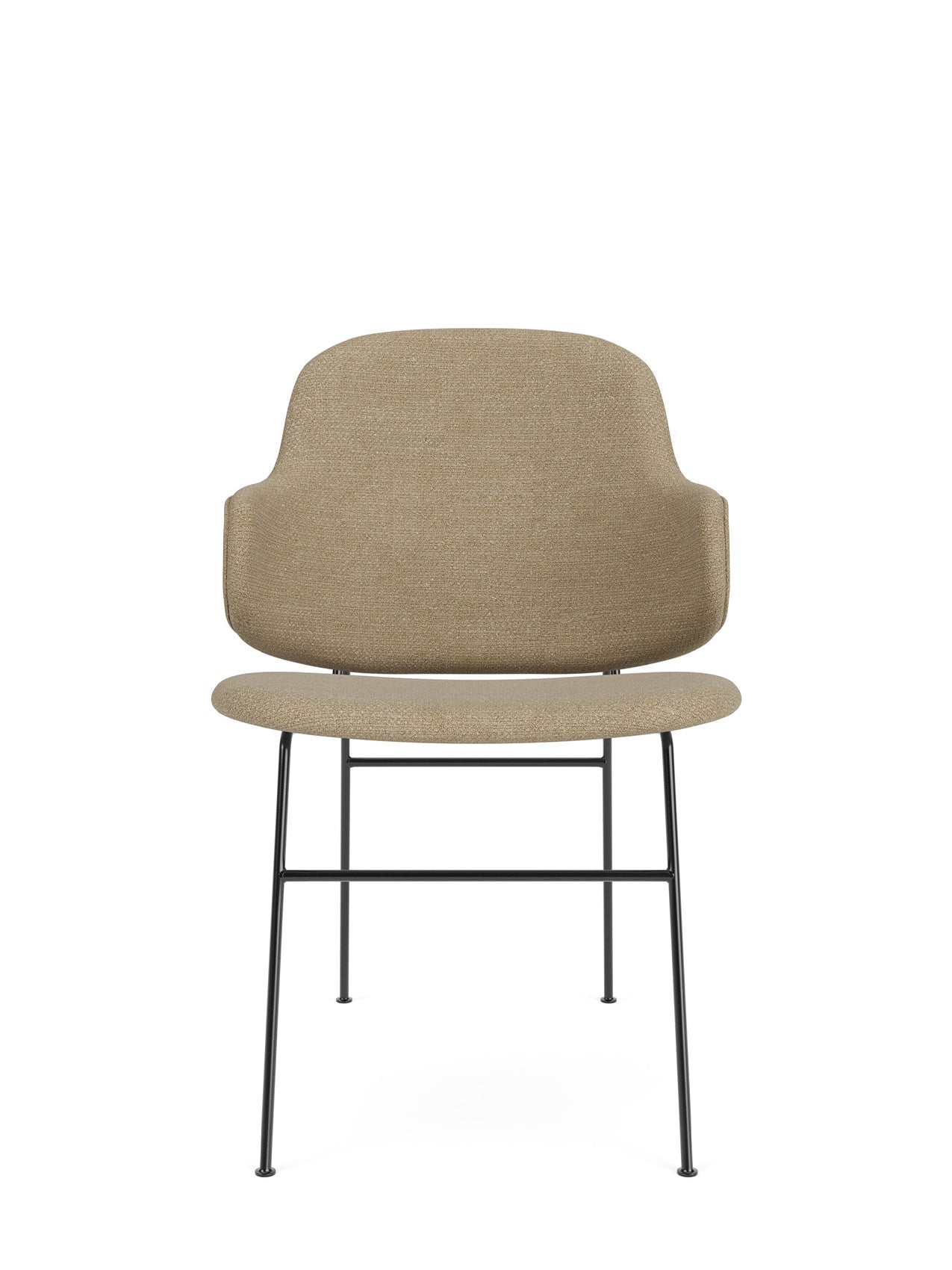 A front view of The Penguin Dining Chair, fully upholstered in a beige fabric with a thin, black powder-coated steel frame.